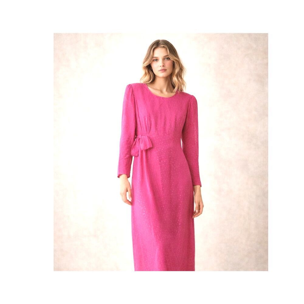 Vintage Dennis Goldsmith Pink Silk Swiss Dot Midi Dress Shoulder Pads SZ 4